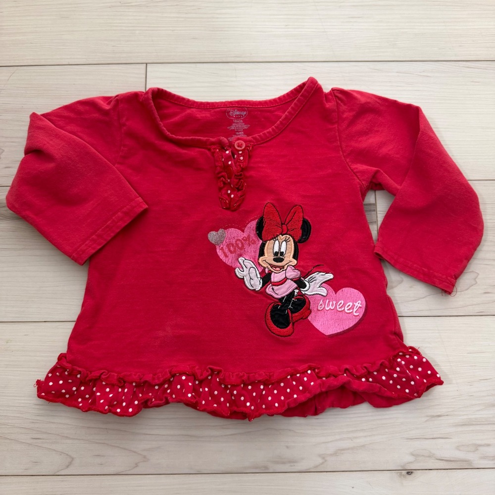 Y2K Disney Baby Minnie Mouse Red Ruffle Polka Dot Long Sleeve Top 18 Months